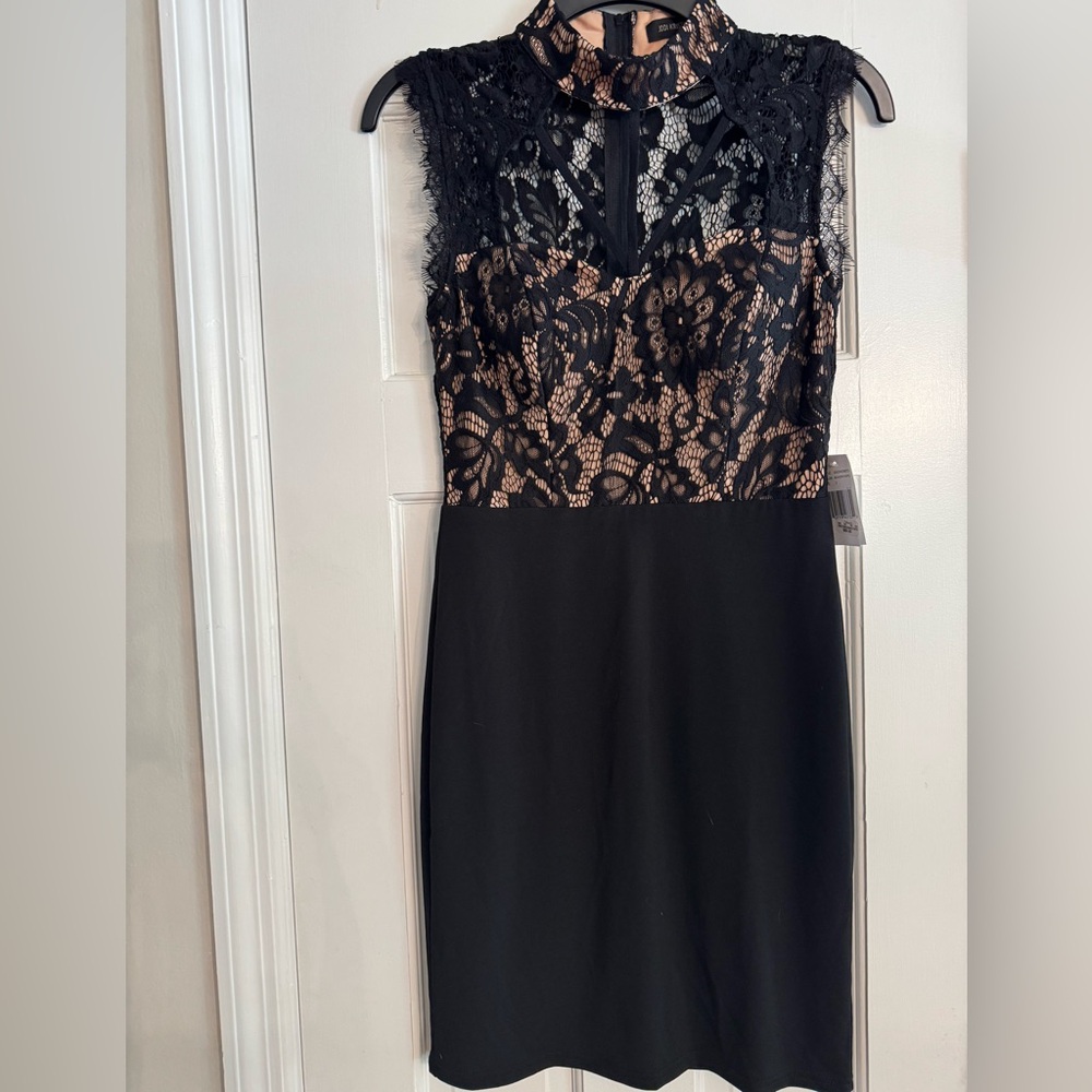 Jodi Kristopher NWT nude with black lace bodice, solid black bottom.